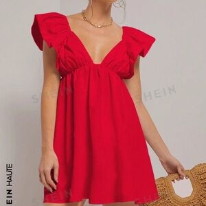 SHEIN Haute Solid Color Ruffle Hem Backless A-Line Dress With Bowknot On Back